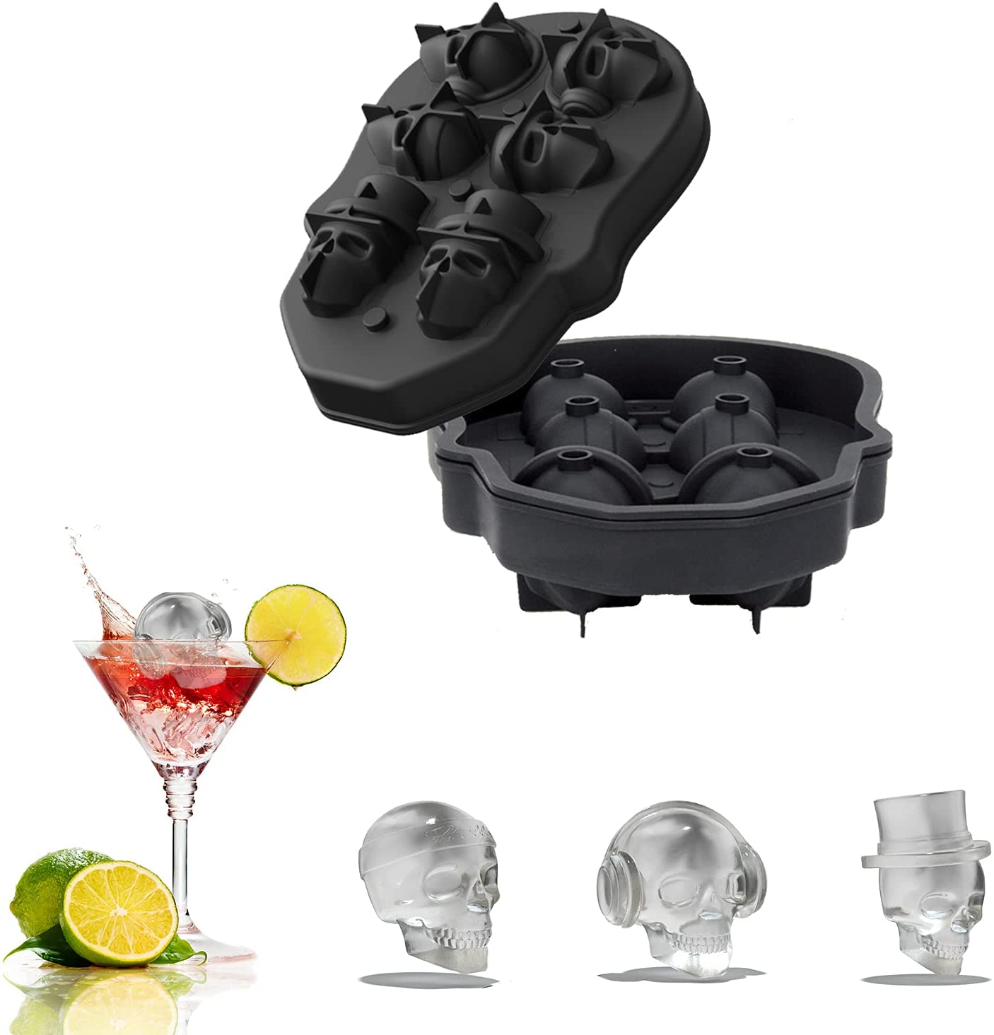 Skull Ice Cube Mold, Silicon Ice Molds with Lids for Whiskey Burbon Cocktail Beer, Make 6 Skull