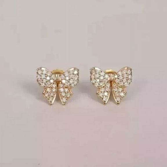 1Ct Round Cut Lab Created Diamond Women's Bow Stud Earrings 14K Yellow Gold Plated Silver