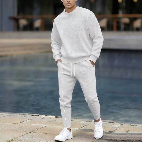 Yusimy Men's Solid Color 2-Piece Crew Neck Hoodie Pullover Set Pocket Pants Casual Athletic