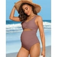 thumbnail image 5 of Attraco Maternity Monokini One Piece Swimsuit Scalloped Cut Out Ruched High Waisted Scoop Neck Pregnancy Swimwear, 5 of 7