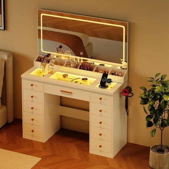 White Vanity Desk with Mirror and Lights,Glass Top Vanity Table with Power Outlet,Dressing Table with 11 RGB Drawers,3 Led Light Modes,Makeup Vanity Desk for Bedroom Women Girls