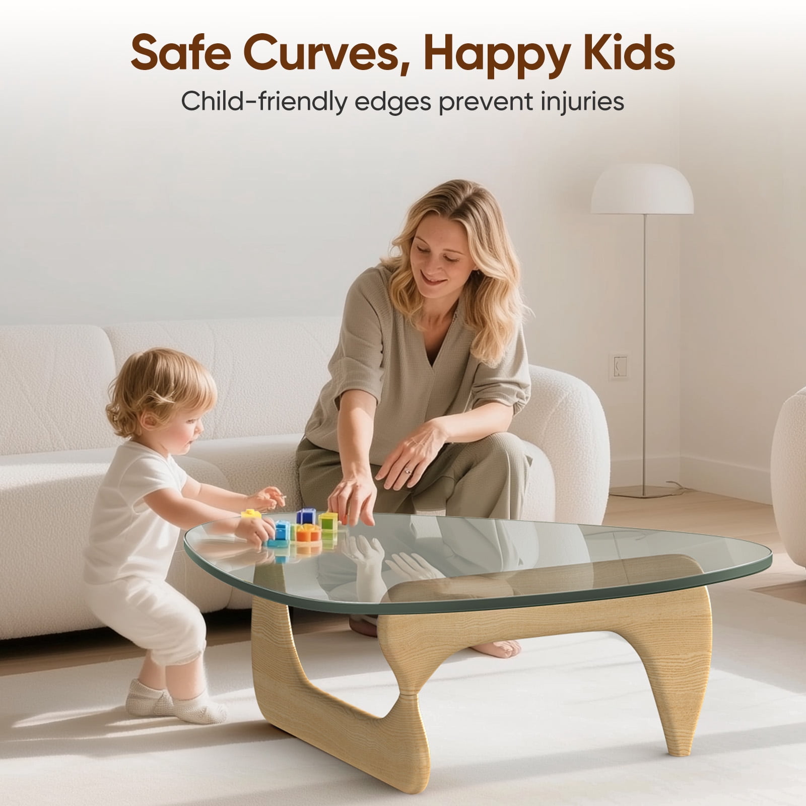 Cottinch 50" Triangle Glass Coffee Table with Wood Base for Living Room Office, Light Walnut, Natural Wood