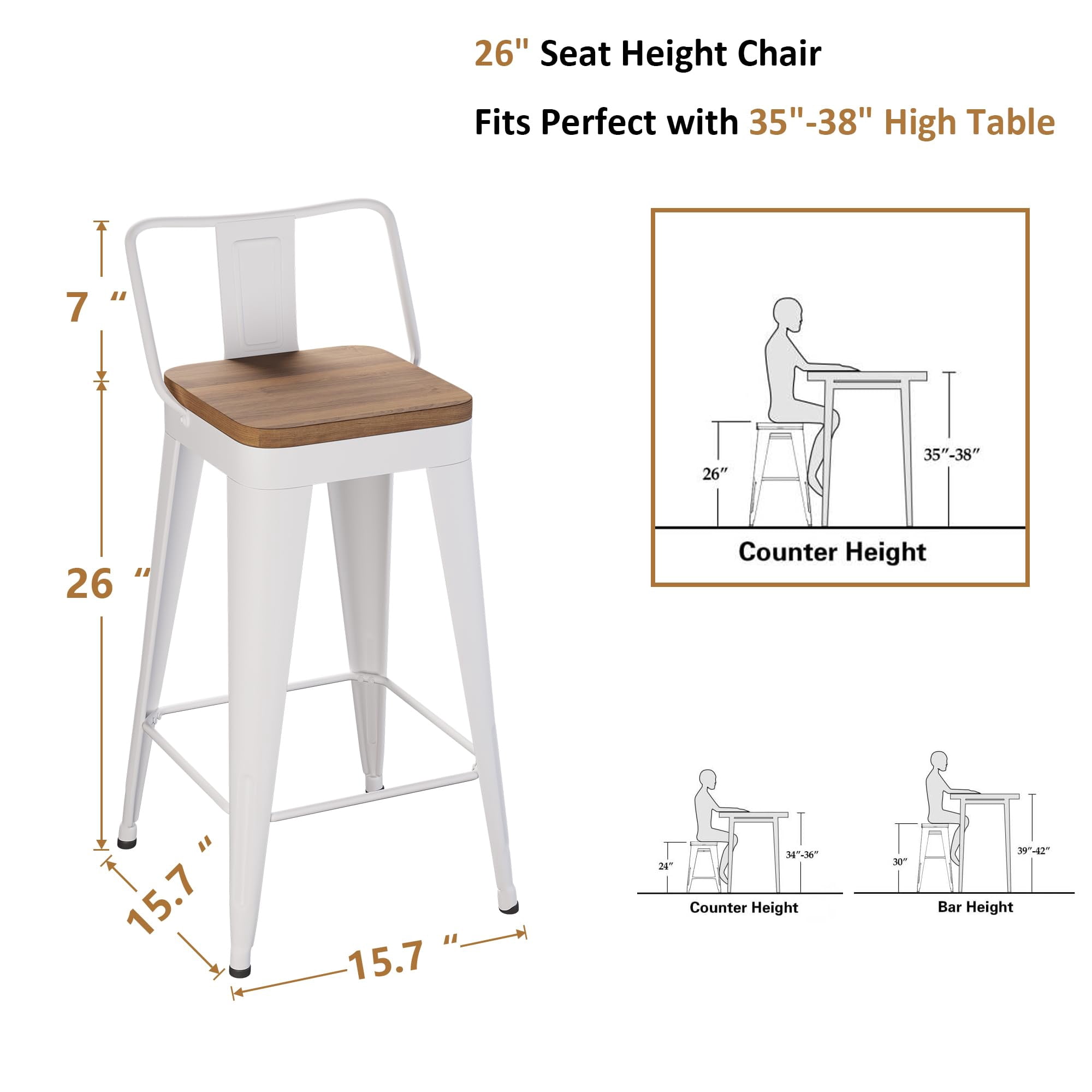 Apeaka 26 inch Bar Stools with Back Set of 4 Counter Height Chair  with Wood Seat Metal Bar Stools Kitchen