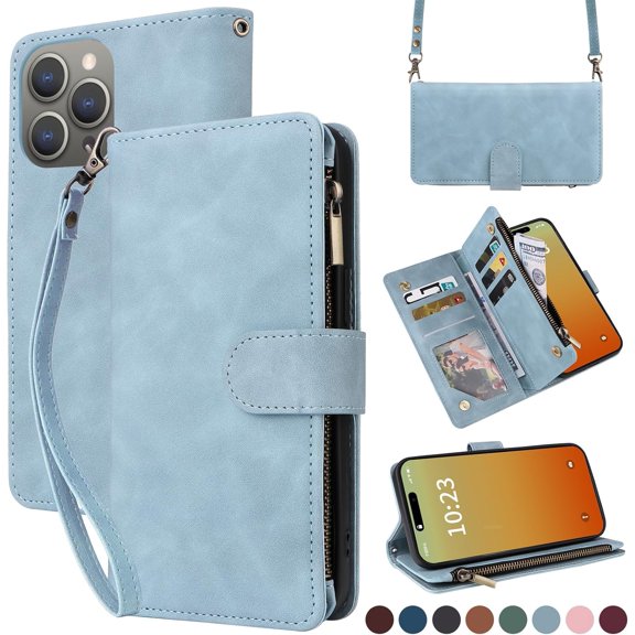 KOMI Compatible with iPhone 16 Case Wallet - PU Leather Wallet Case for iPhone 16 with Credit Card Holder RFID Blocking Zipper Pocket with Wrist Strap Flip Folio Protective Case Baby Blue