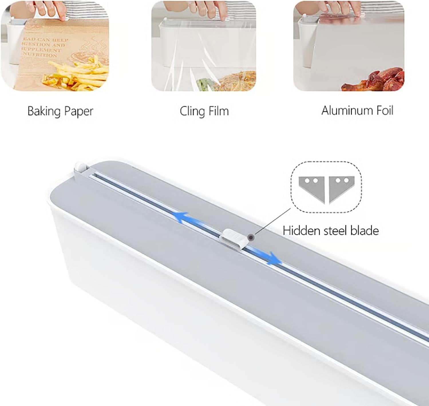 Refillable Magnetic Plastic Wrap Dispenser with Cutter – Sturdy Tin Aluminum Foil & Cling Film Dispenser, Includes 4m Plastic wrap(Gray‑White)-dh
