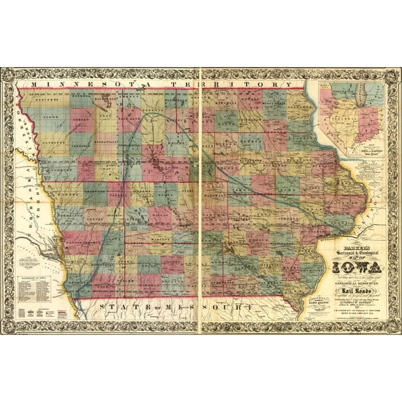 24"x36" Gallery Poster, map of Iowa iron, lead, copper, coal 1856