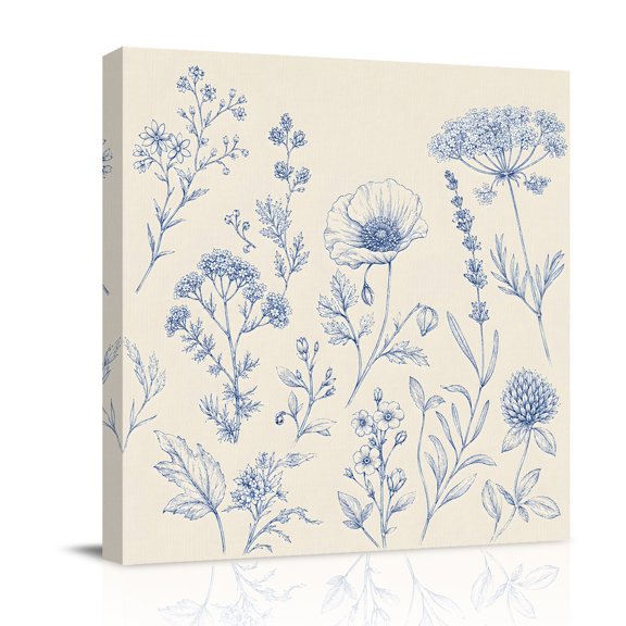 Canvas Wall Art, Blue Floral Framed Canvas Prints for Bedroom Office, Vintage Wildflowers Pastoral Botanical Retro Beige Large Gallery Wrapped Wall Decor for Home Office, Gifts, 16"x16" Ship Next Day