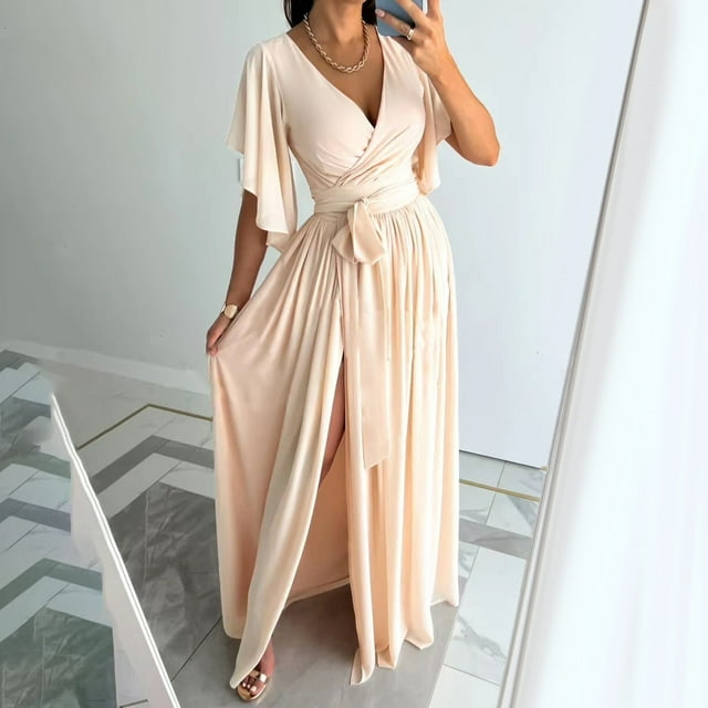 SMihono Robe Maxi Bohème d'Été pour Femmes Grande Taille Robe d'Été Aguichant Unie Taille Col en V Manches Courtes Évasées Fendue Robe de Plage