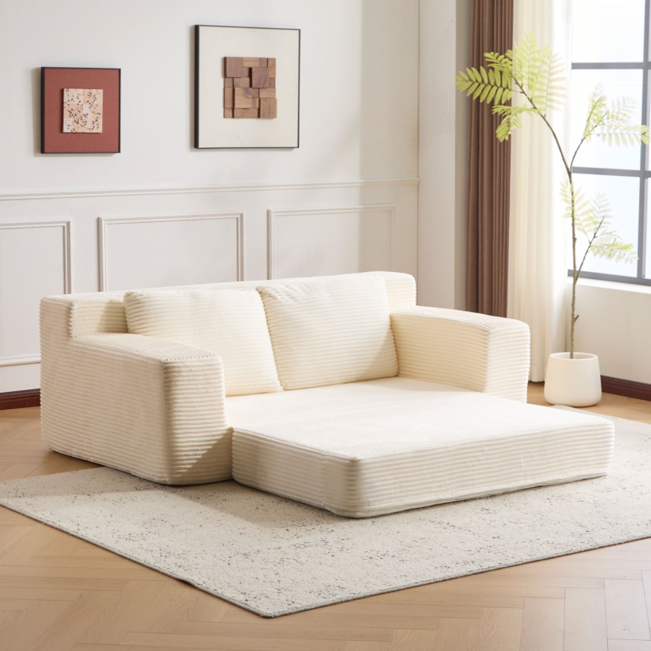SOULART 71.65" Loveseat Sofa, White Corduroy Deep Seat Couch, Reversible Cushion with Pillows, No Assembly Required