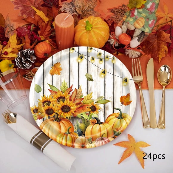 Uuiauoio 24 Pcs Assiettes et Serviettes en Papier Tournesol Citrouille pour Anniversaire, Fournitures de Fête, Vaisselle de Décoration Vintage à Grain de Bois Tournesol Fleur Sauvage pour Mariage Fête Nuptiale