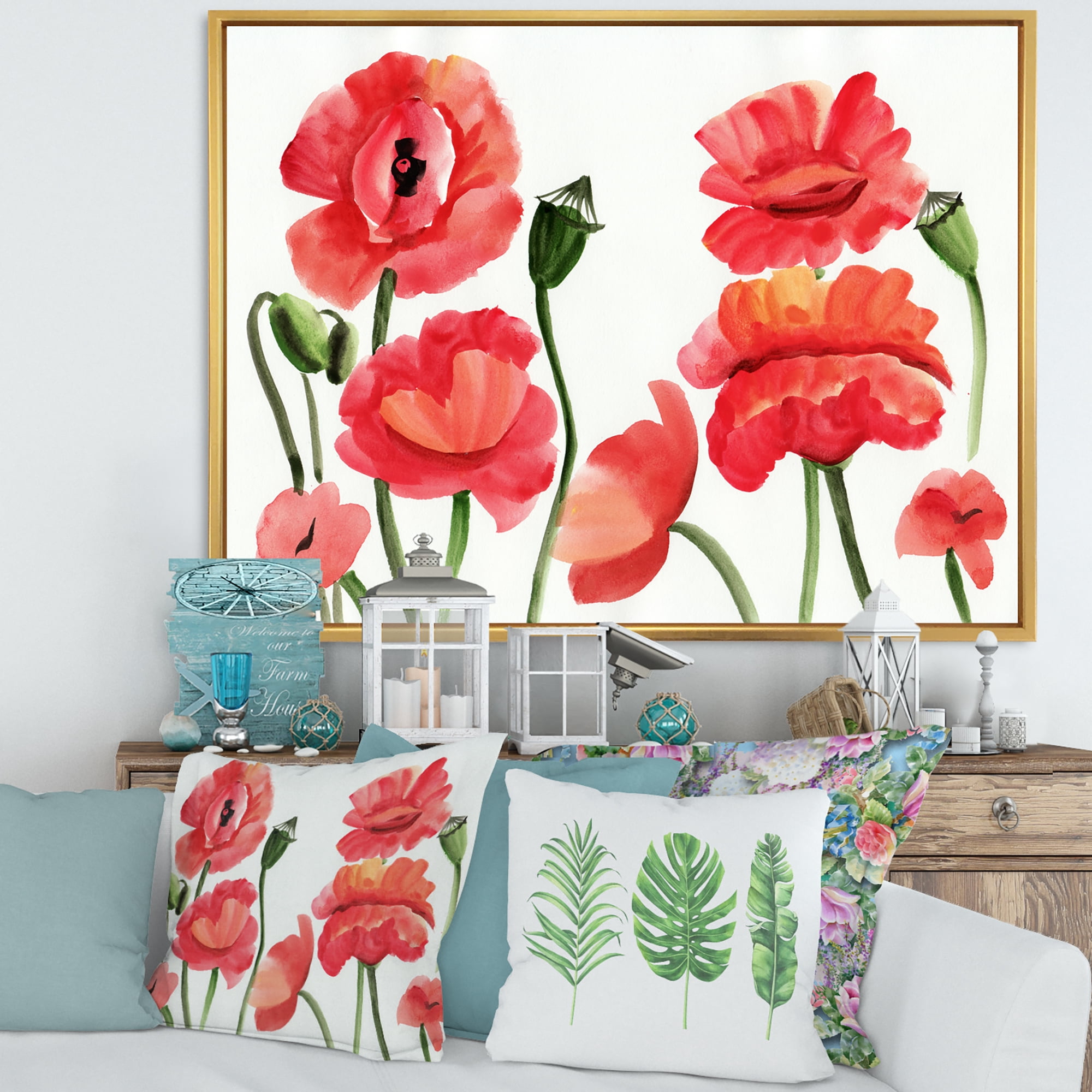 Designart 'Ancient Red Poppies I' Traditional Framed Canvas Wall Art Print