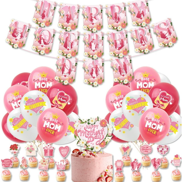 Set de decoración de fiesta para el Día de la Madre, 37 piezas, rosa y blanco