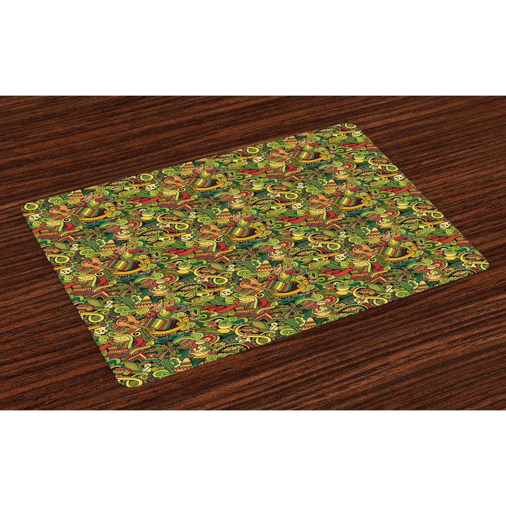 Mexican Placemats Set of 4 Cartoon Hand Drawn Style Doodles Latin