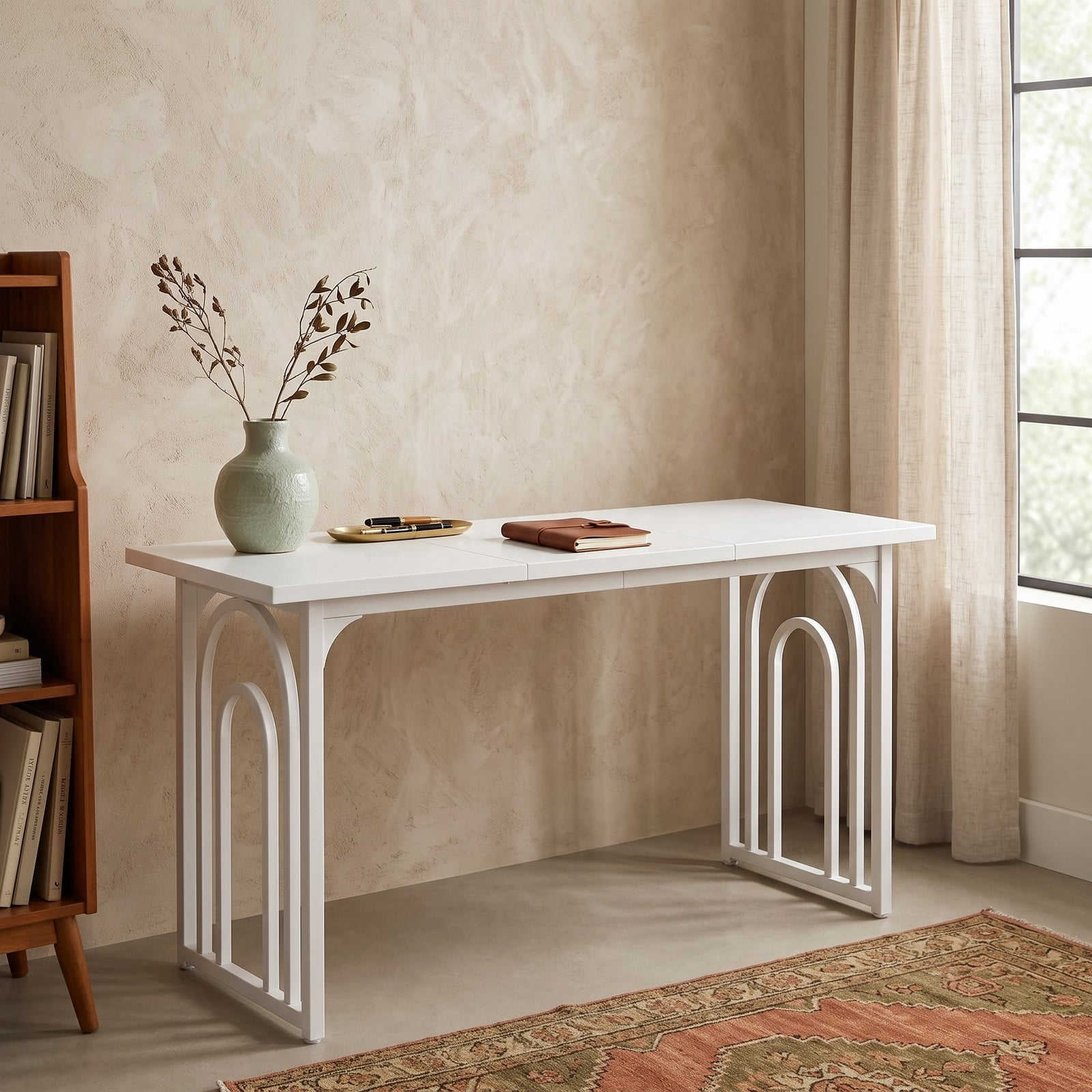 Furnibear 63 Inch Rectangular Dining Table for 6-8 People, Farmhouse Kitchen Table with Powder-Coated Metal Legs, Arch Base & Scratch-Resistant Veneered Top for, White