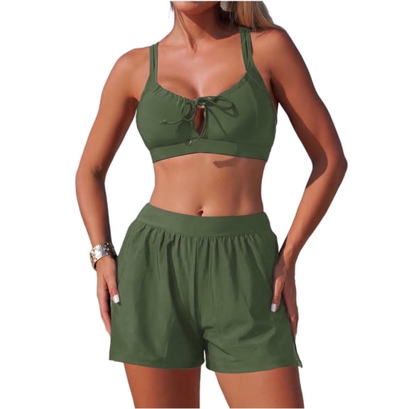 Women's Two Piece Swimsuit Crisscross Back Tie Front Swim Top with Sporty Boyshort Tummy Control Bathing Suit