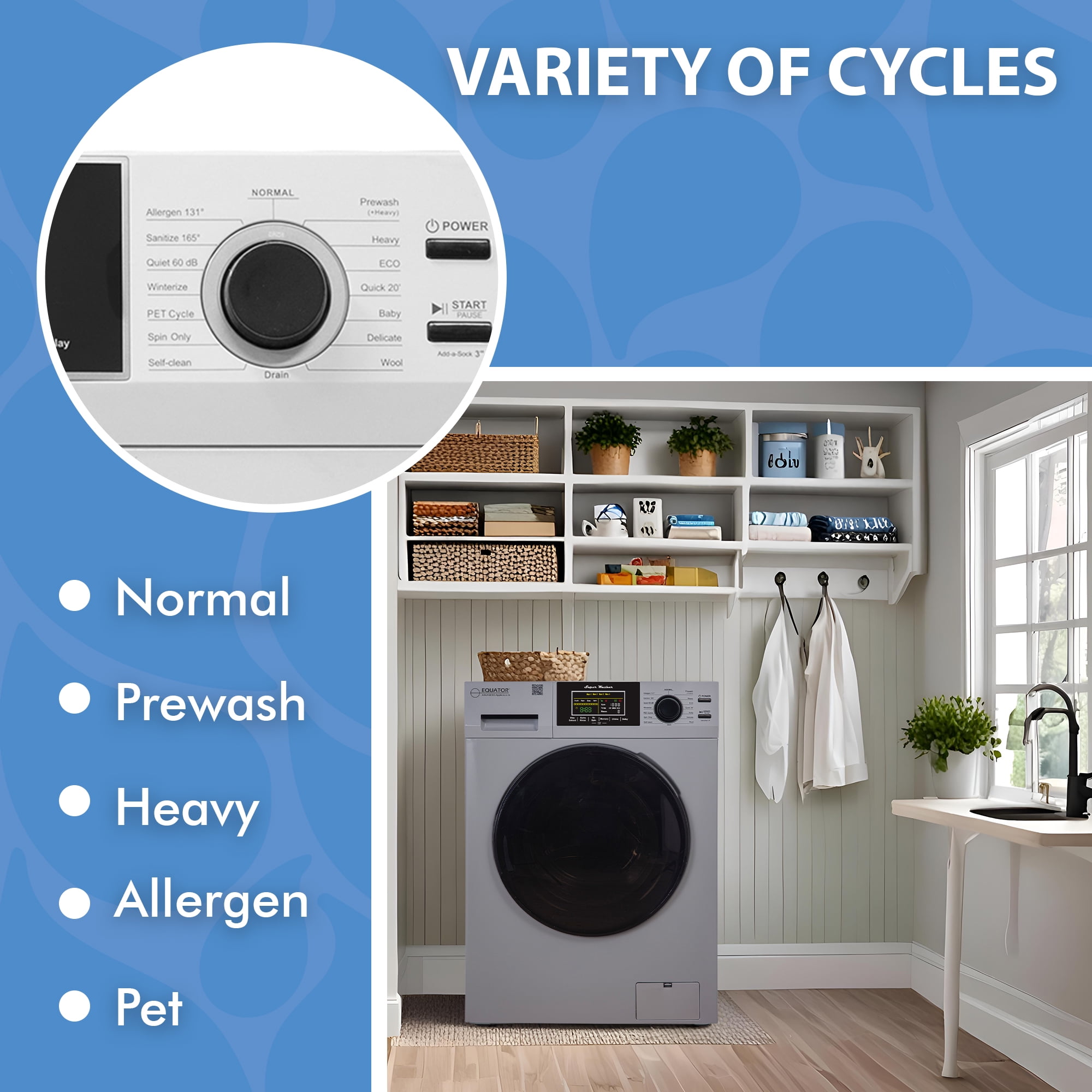 Equator 1.6cf/15lbs Compact Washer 15 Wash Sanitize Allergen PET Cycle With 2 Min. Winterize ( Anti-freeze) Option 1400RPM / 110V