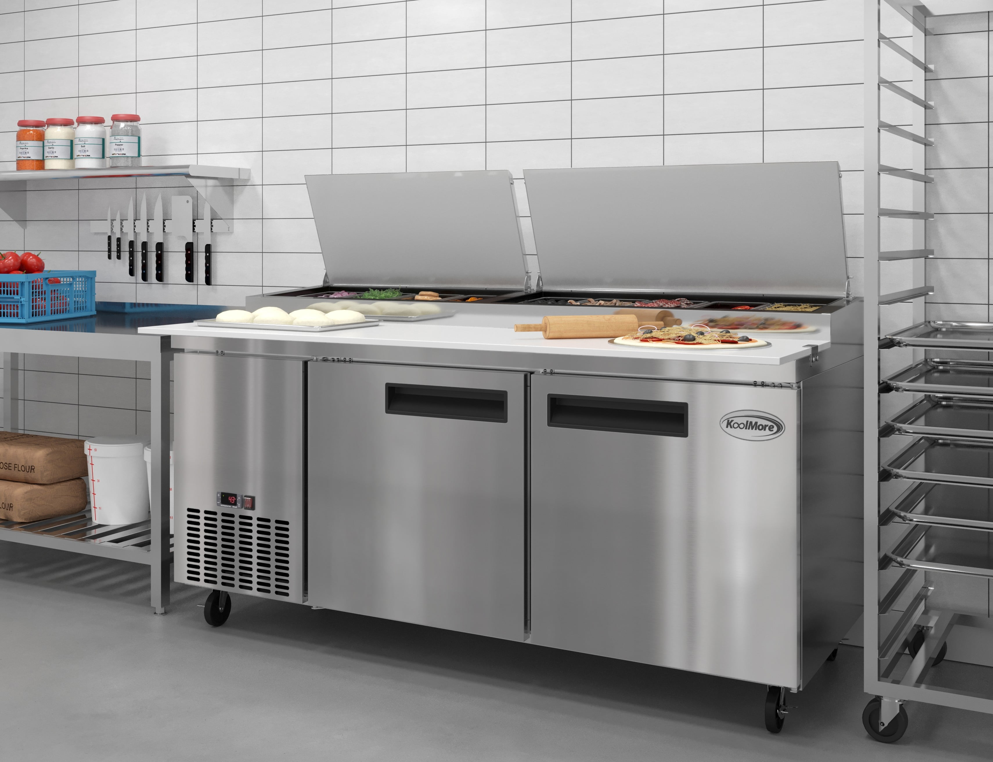 71 in. Two Door Commercial Pizza Prep Refrigerator in Stainless-Steel (KM-RPPS-2DSS)
