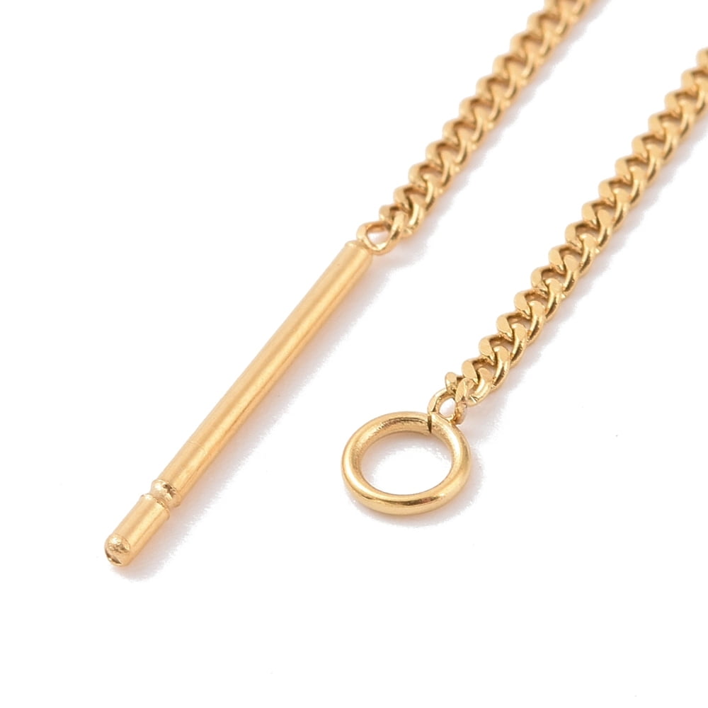 Ion Plating(IP) 304 Stainless Steel Stud Earring Finding Curb Chains Ear Thread with Loops Golden 109x1x0.4mm Hole: 1.7mm Pin: 0.7mm