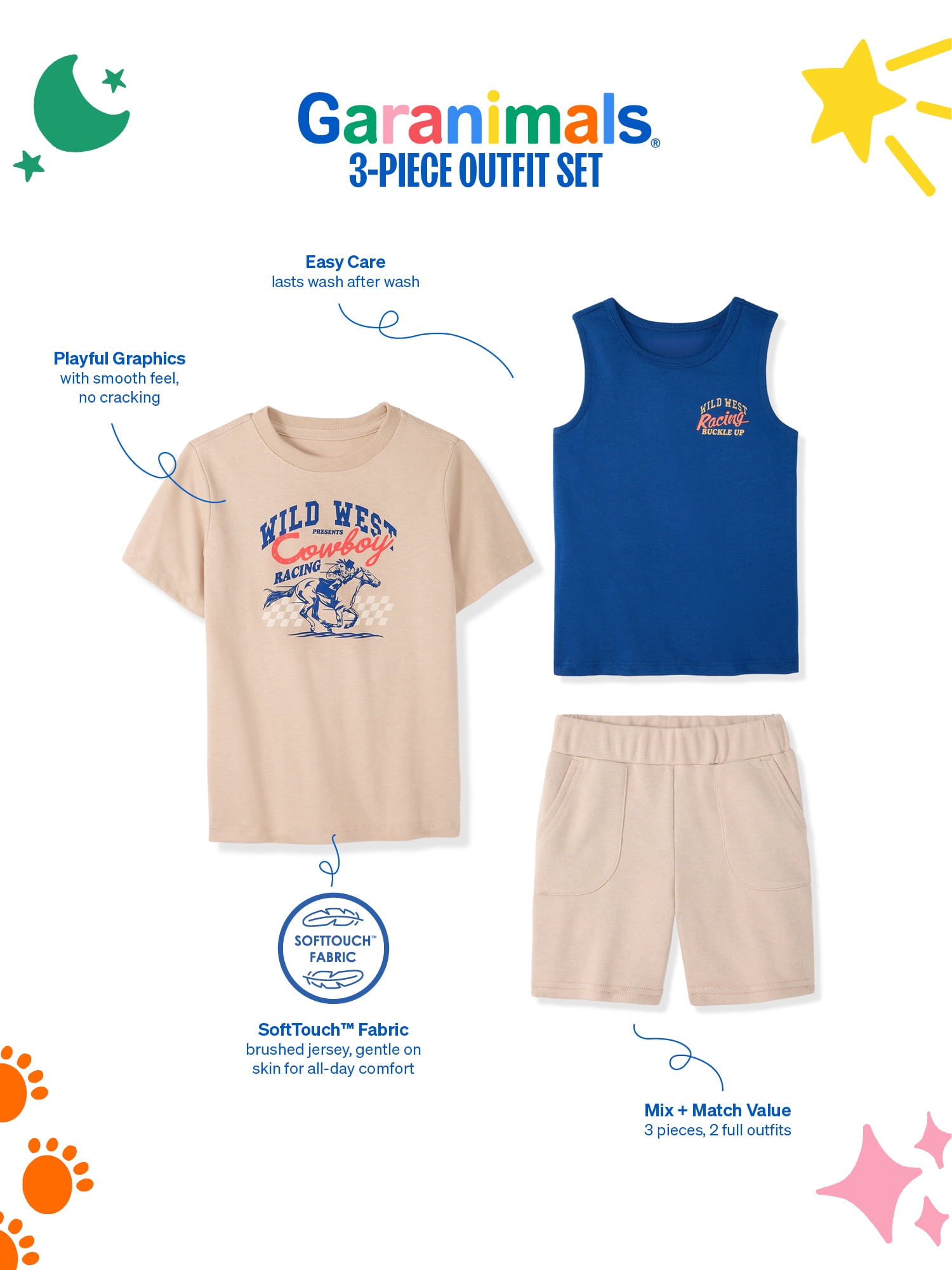 Garanimals Newborn, Baby & Toddler Boy Cotton 3-Piece Set, Graphic T-Shirt, Tank Top & Pull-On Shorts, Sizes 0-6T