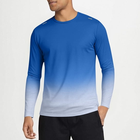 Ceisia Men's Long Sleeve Sports T-Shirt Gradient Print Quick Dry Moisture Wicking Breathable Stretch Running Gym Top Blue Gifts for Father L
