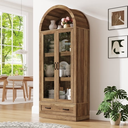 Blotout 75" Tall Arched Kitchen Pantry Storage Cabinet, Farmhouse Wood Pantry Arched Cabinet with Drawer, Glass Door and Load-Bearing Steel Pipe for Dining Room Living Room