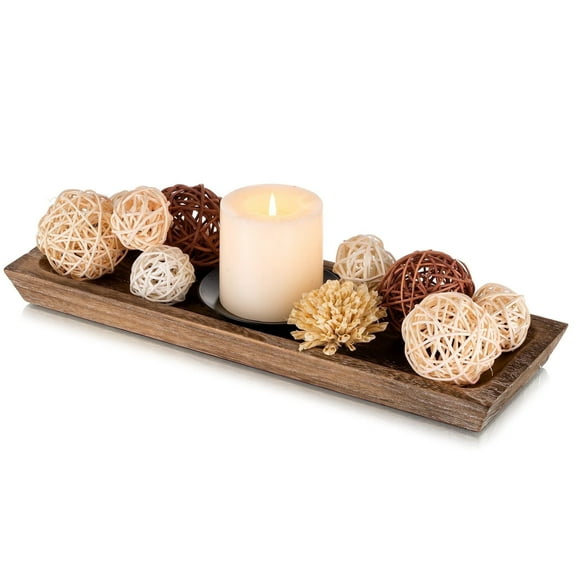 Hanobe Decorative Long  Wooden Tray for Candle Centerpiece Farmhouse Decor Coffee Table Tray