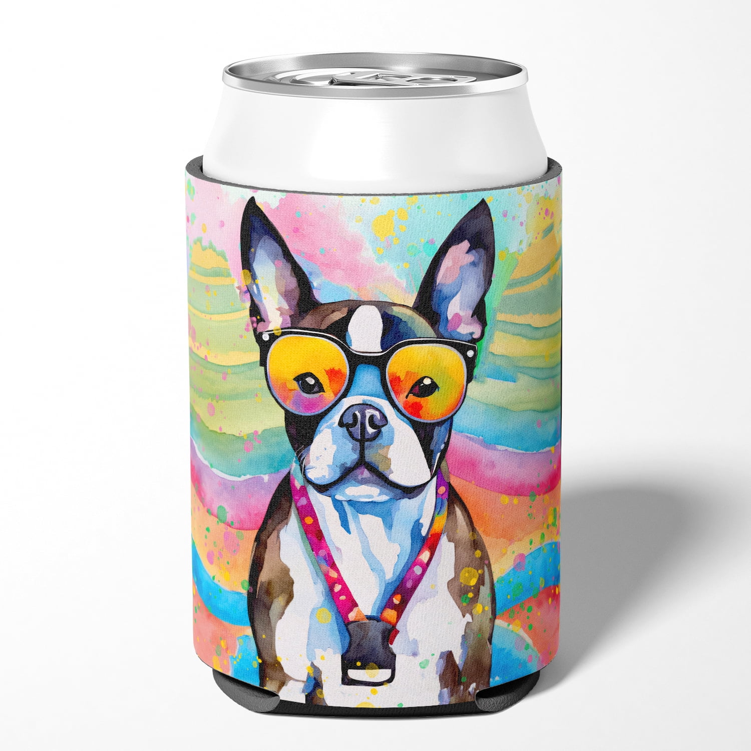 Boston Terrier Hippie Dawg Can or Bottle Hugger 3 in x 5 in