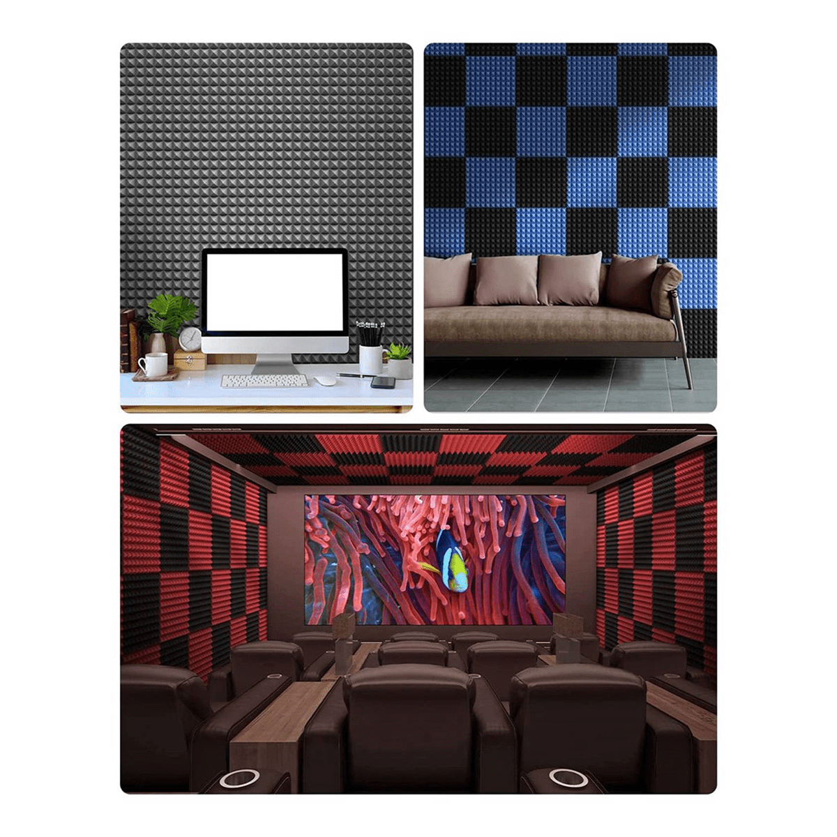24 Pack Self-Adhesive Sound Proof Foam Panels 2X12X12 Inch Pyramid Design Acoustic Foam,for Home Studio,Black + Gray