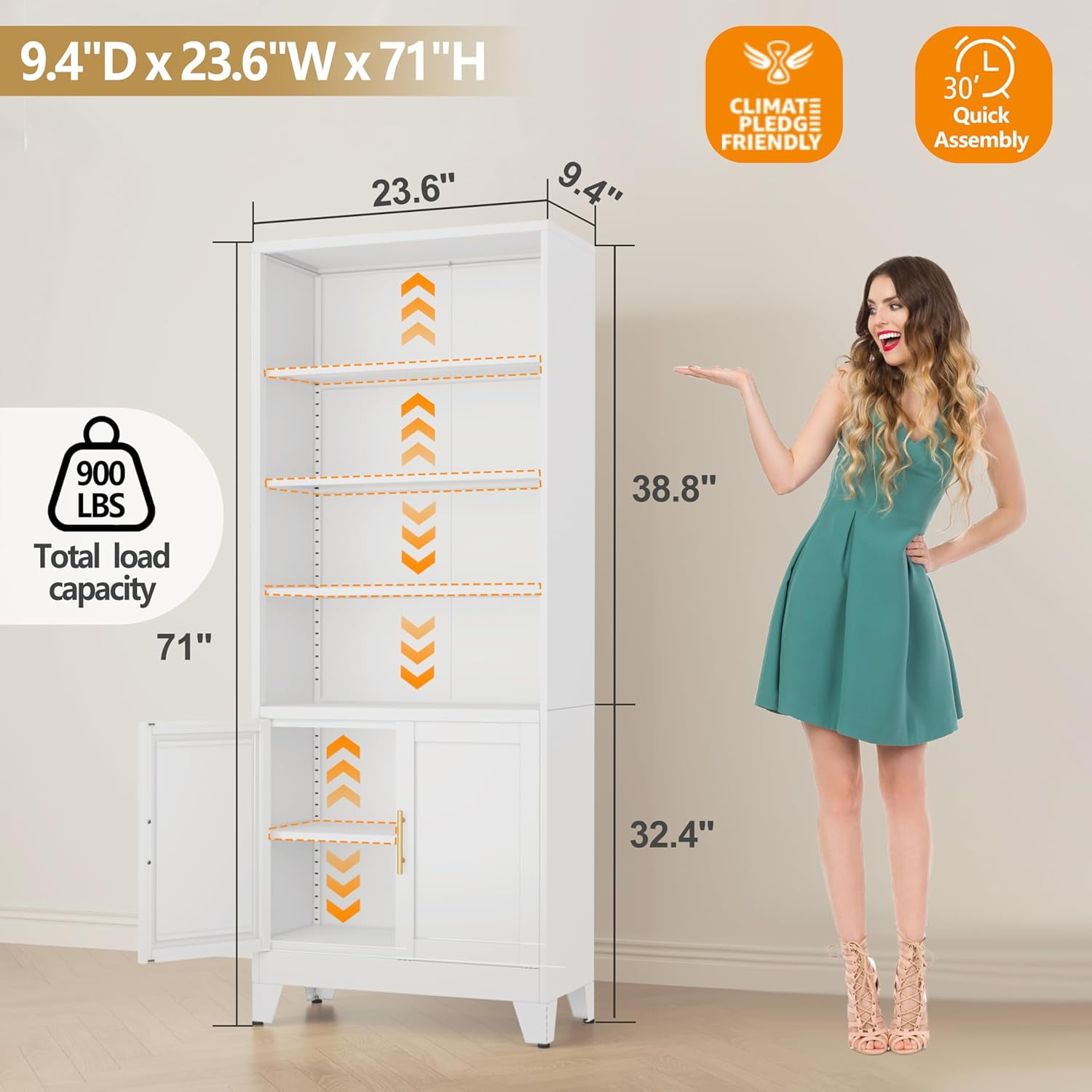 71"H Tall Metal Bookcase/Bookshelf with Doors And 4 Adjustable Shelves for Storage