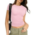 thumbnail image 2 of Womens Short Sleeve Crop Tops Athletic Juniors Layering Workout Tops Y2k Outfit Thermal Crew Neck Tight Shirt Trendy Slim Fitted Teen Girls Athletic Basic Tee Pink L, 2 of 8