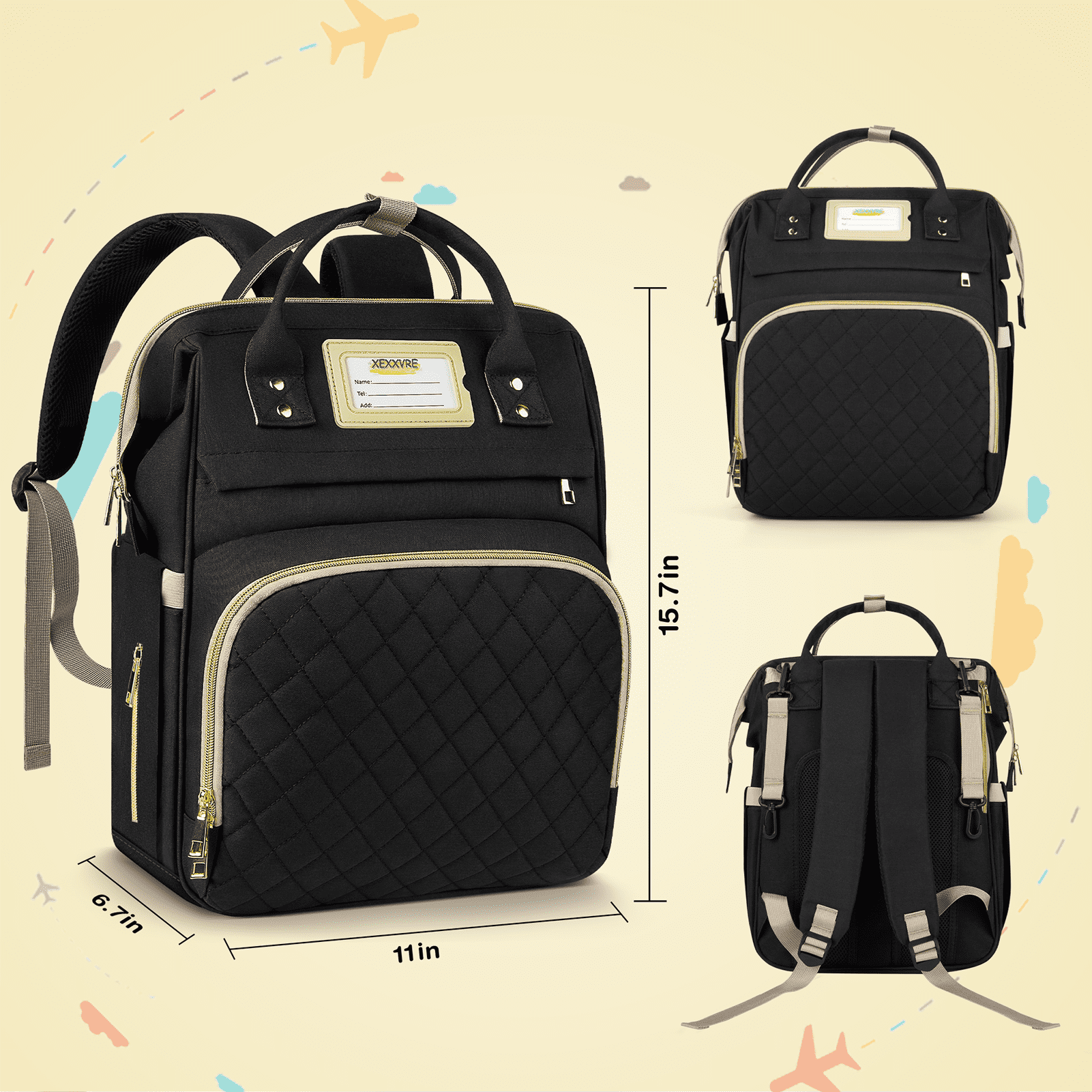 GPED Diaper Bag Backpack, Multifunctional Baby Changing Bag with Insulated Milk Bottle Pocket & Stroller Strap, Large Capacity Travel Backpack with USB Charging Port, Baby Bags for Boys Girls(Black)