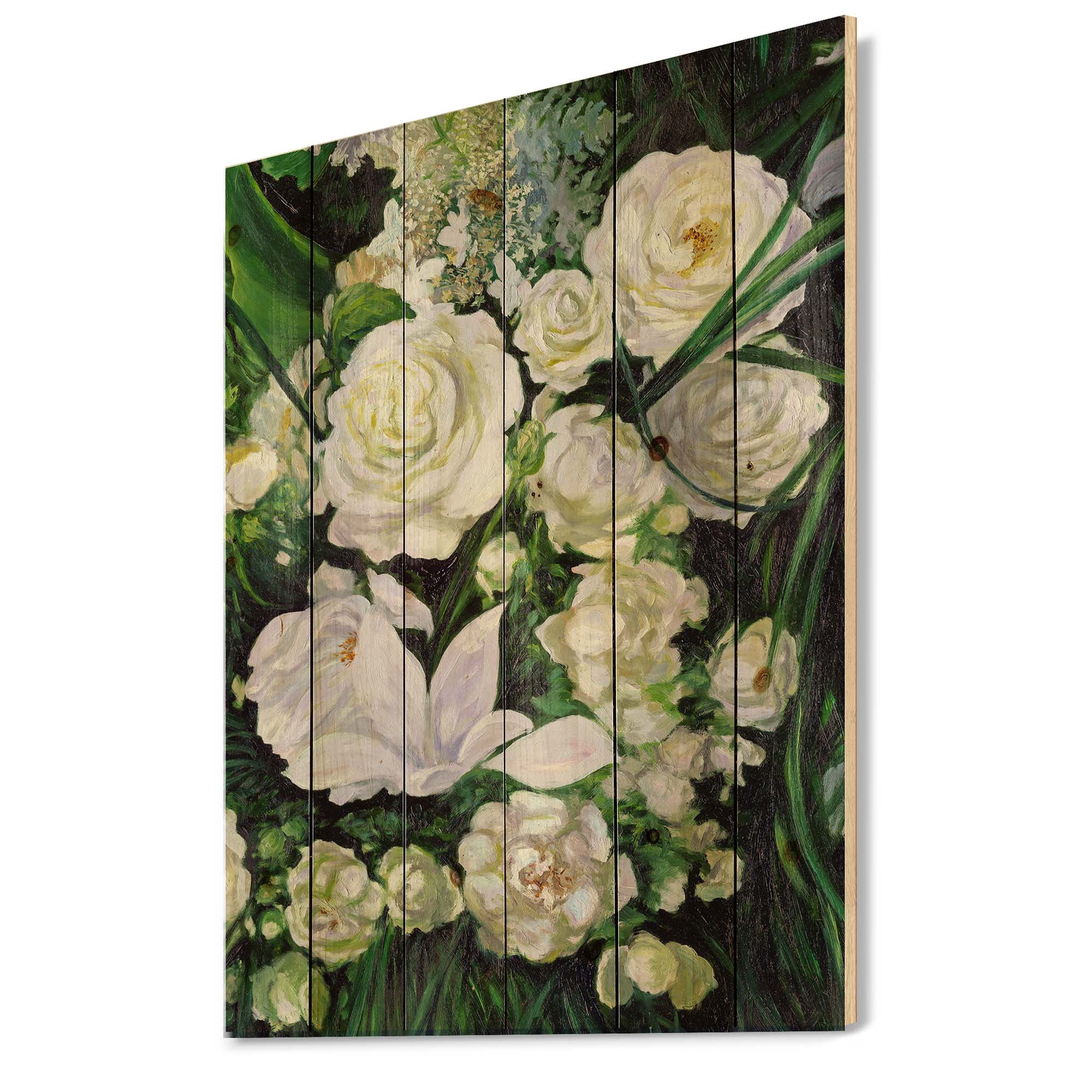 Designart 'Bouquet Of White Roses With Green Leaves' Traditional Print on Natural Pine Wood