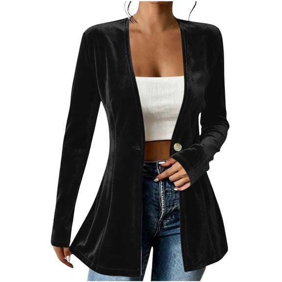 Yyeselk Women Open Front Velour Cardigan Coat Long Sleeve Button Down Tunic Blazer Cardigans Slim Fit Trendy Elegant Outerwear Black L