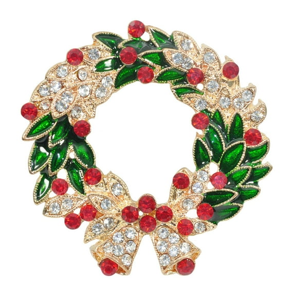 Gyn&Joy Green Red Austrian Crystal Round Wreath Bell Brooch Pin