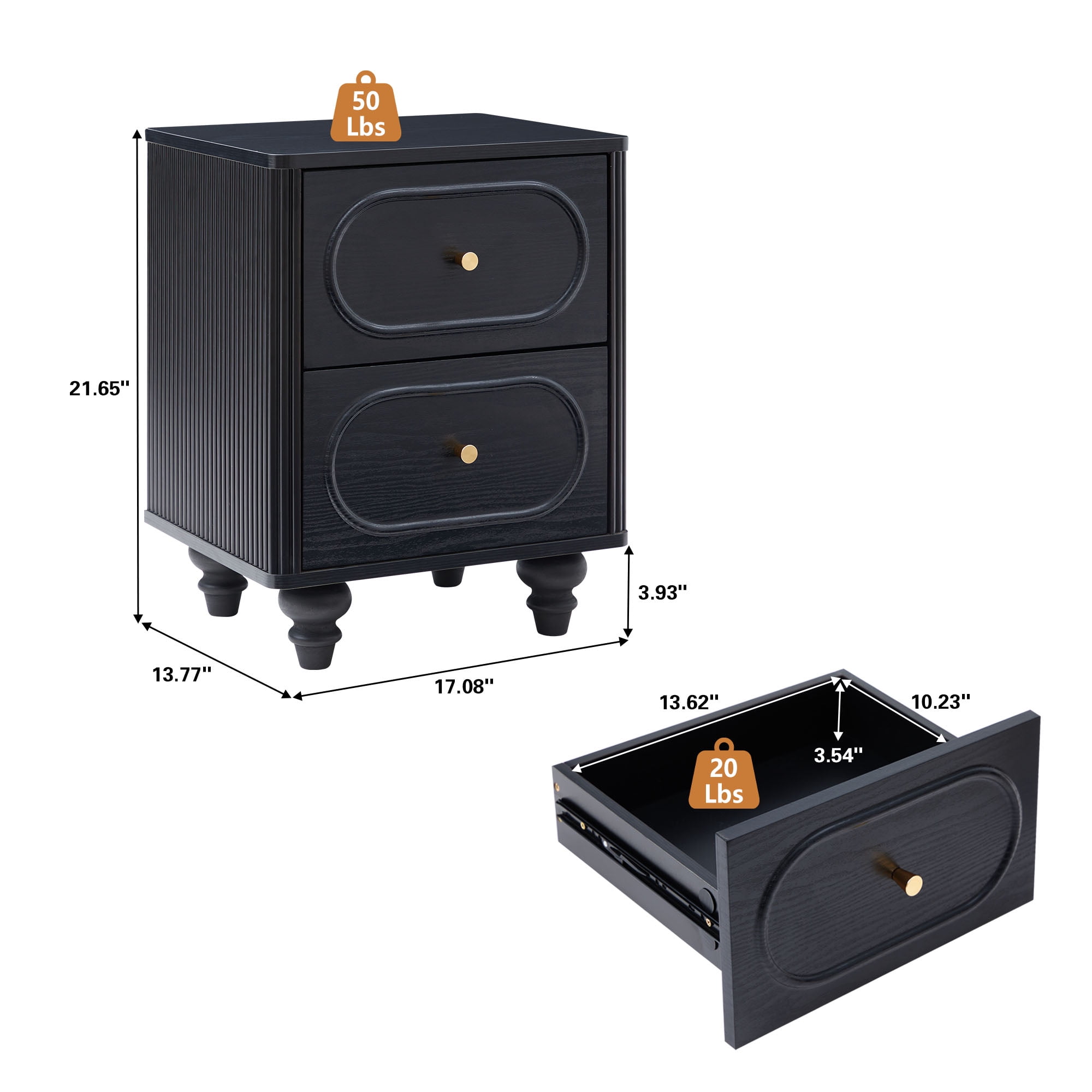 Wirrytor 2 Drawer Nightstand Set of Two, Mid Century Modern Bedside Table with Fluted Sides, Small End Table for Bedroom, Space Saving Storage Cabinet for Small Spaces, Black