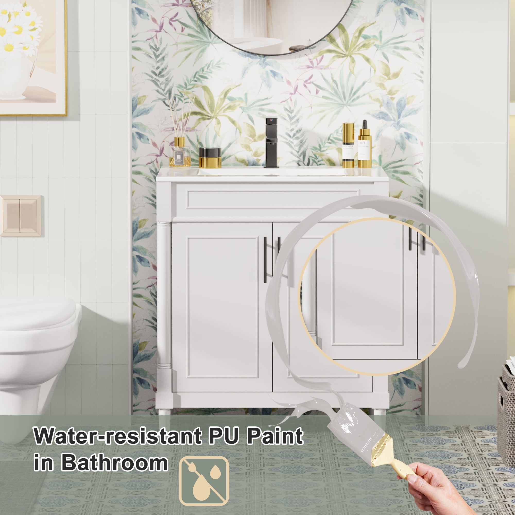 30" Freestanding Bathroom Vanity with Ceramic Sink Top, Faucet, Classic Tapered legs