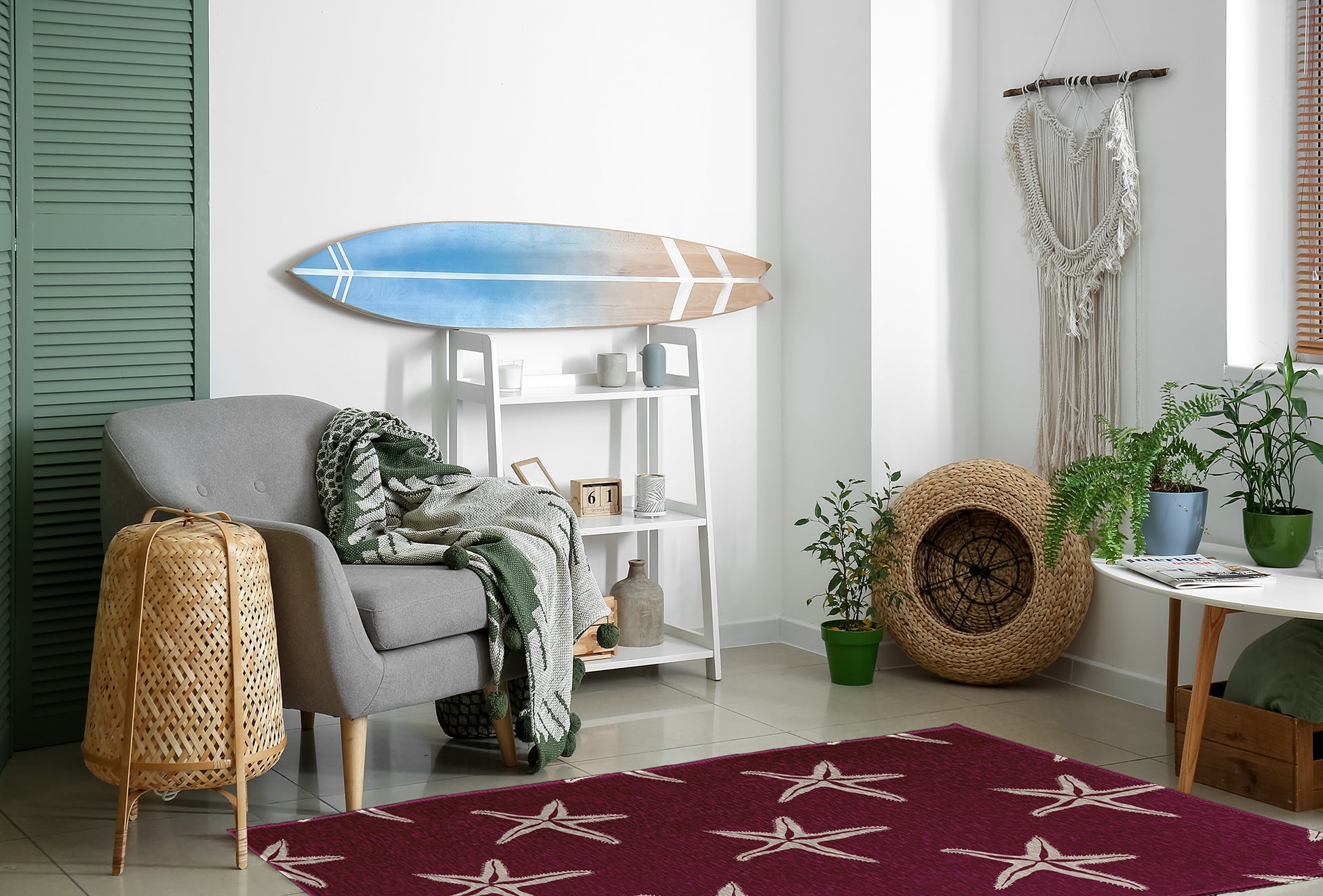 4' x 6' Simply Daisy Starfish Beach Style Chenille Area Rug, Maroon Red