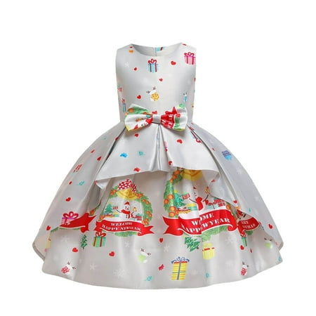 

OJinShaWanO Floral Dress With Sleeves Formal Kids Girls Christmas Bowknot Cartoon Snowflake Print Dress Pageant Party Child Gown Dress White Polyester 6-7 Years