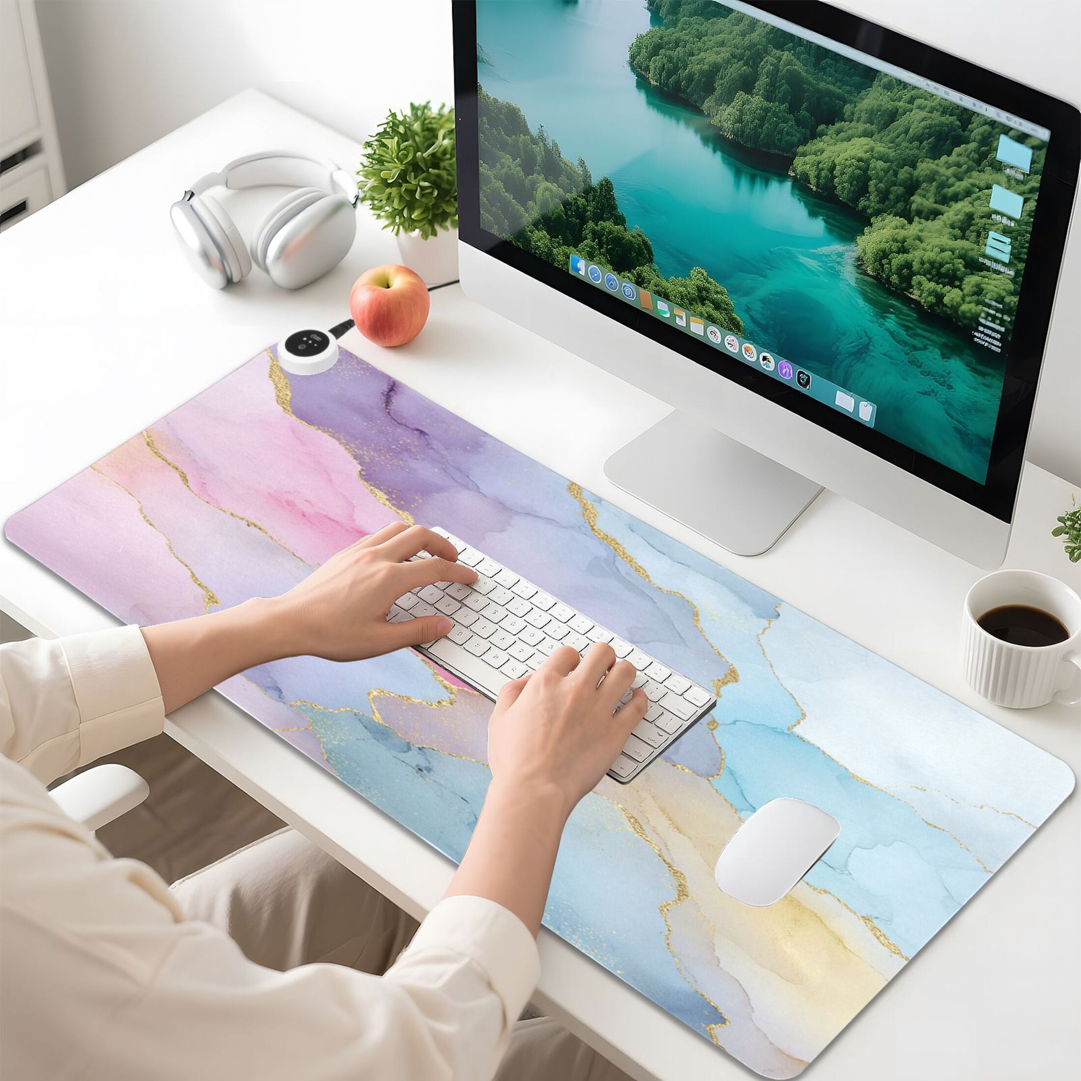 Large Heated Desk Mat Mouse Pad 31.5"x13"PU Leather Graphene Heating Desk Warmer with 3 Temperature Settings 110V US Plug Non-Slip Warm Pad for Home, Office, and Gaming Unicorn Fantasy Fluid Art