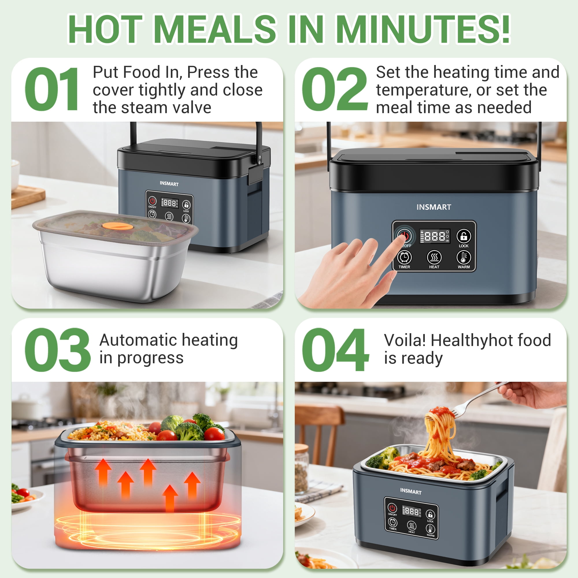 INSMART 6.3-Cup Cordless Electric Lunch Box for Adults, Heated Lunch Box for Men with Scheduled Heating, Portable Car Food Warmer with Utensils, 4D Closed-Loop Heating with No Cold Spots(Blue)