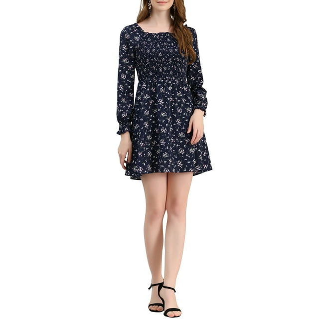 Vestido floral de manga larga con escote cuadrado fruncido de INSPIRE CHIC para mujer M azul oscuro