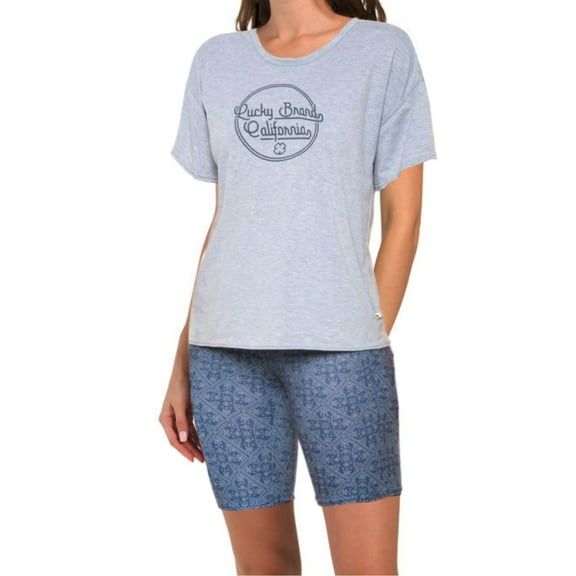 Lucky Brand Women's Logo Graphic Print T-Shirt and Bandana Print Bike Shorts Set-S / Gray