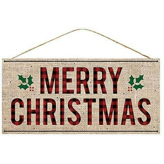 Merry Christmas Plaid Burlap Sign - 12.5" x 6", Christmas Decoration, Buffalo Plaid Burlap Home Decor, Mistletoe, Kitchen, Yard, Front Door, Patio, Classroom, Office, Daycare, Christmas Tree Lot