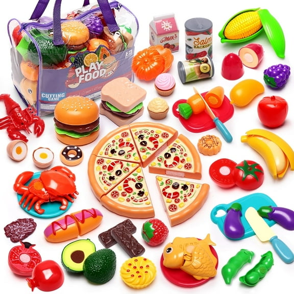 Play Food for Kids Kitchen - 81Pc Cutting Toy Food with Storage Bag, Food Toys with Veggies, Fruits, Fake Food with Pizza Toy, Pretend Food, Play Kitchen Accessories, Boys Girls Gift