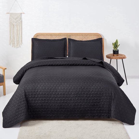 Jessy Home Solid Black Quilted Quilt Set Queen/Full Floral Microfiber Bedspread Coverlet