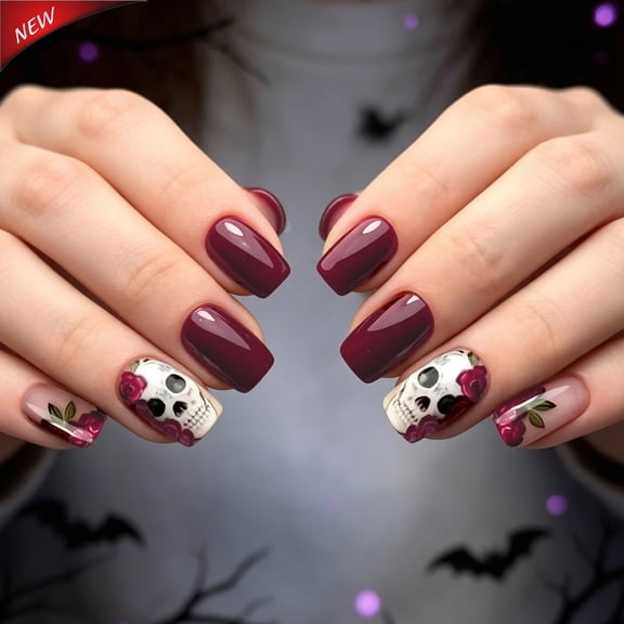 Halloween Acrylic Press On Nails Full Cover Fake False Stick On Nails, Reusable Medium Almond Artificial Nail Tips Dark Red Skull Rose Leaf Gothic Spooky Design for Fall Party DIY Manicure 24 Pcs