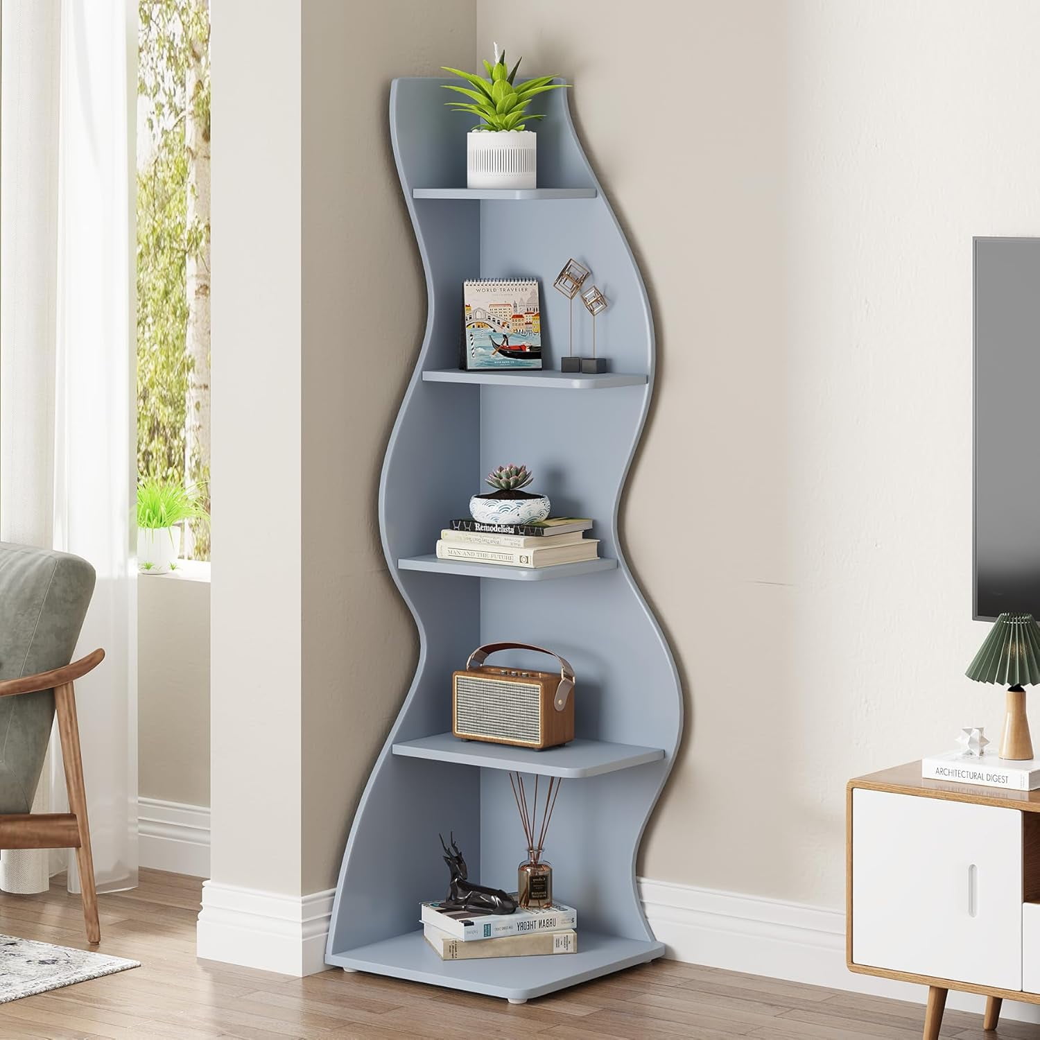 Tribesigns Small Corner Shelf, 5-Tier Modern Corner Bookcase for Small Space, Living Room (Blue)