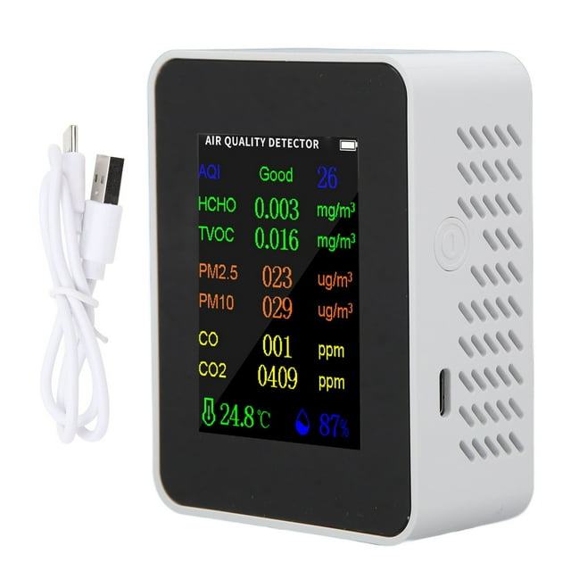 Monitor de calidad del aire, detector de dióxido de carbono, comprobador preciso de CO, CO2, PM2.5, TVOC, HCHO, temperatura y humedad, modo de alarma, color blanco.