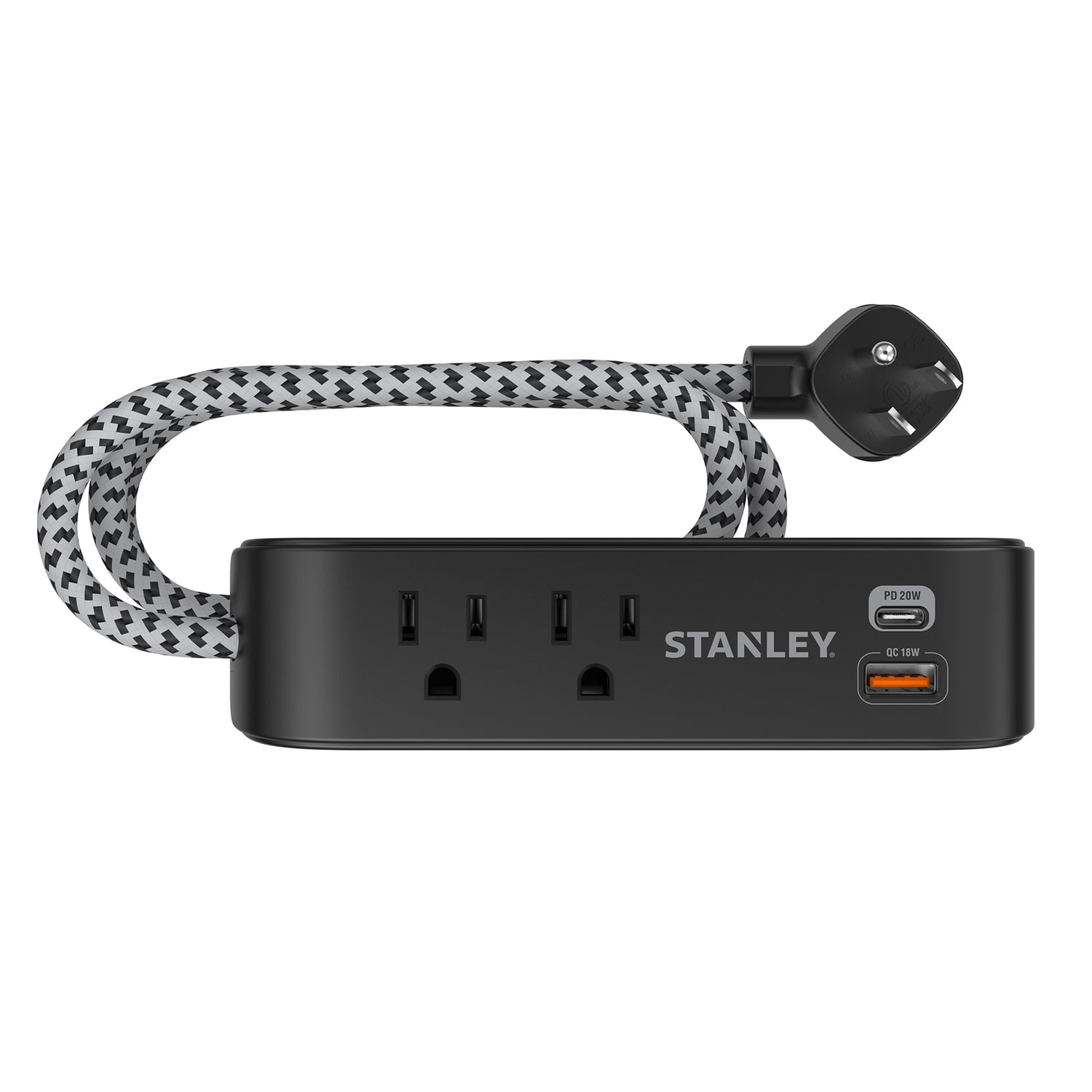 STANLEY 2-AC Outlet 2-USB Port 300-Joules SurgeMax Surge Protector Power Strip with PD, 6-Ft. Fabric-Braided Cord with Low-Profile Plug, Black, 33255