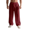 thumbnail image 2 of Mens Casual Pants Drawstring Elastic Waist Lightweight Linen Pants Loose Fit Straight Legs Beach Trousers Wine M, 2 of 9